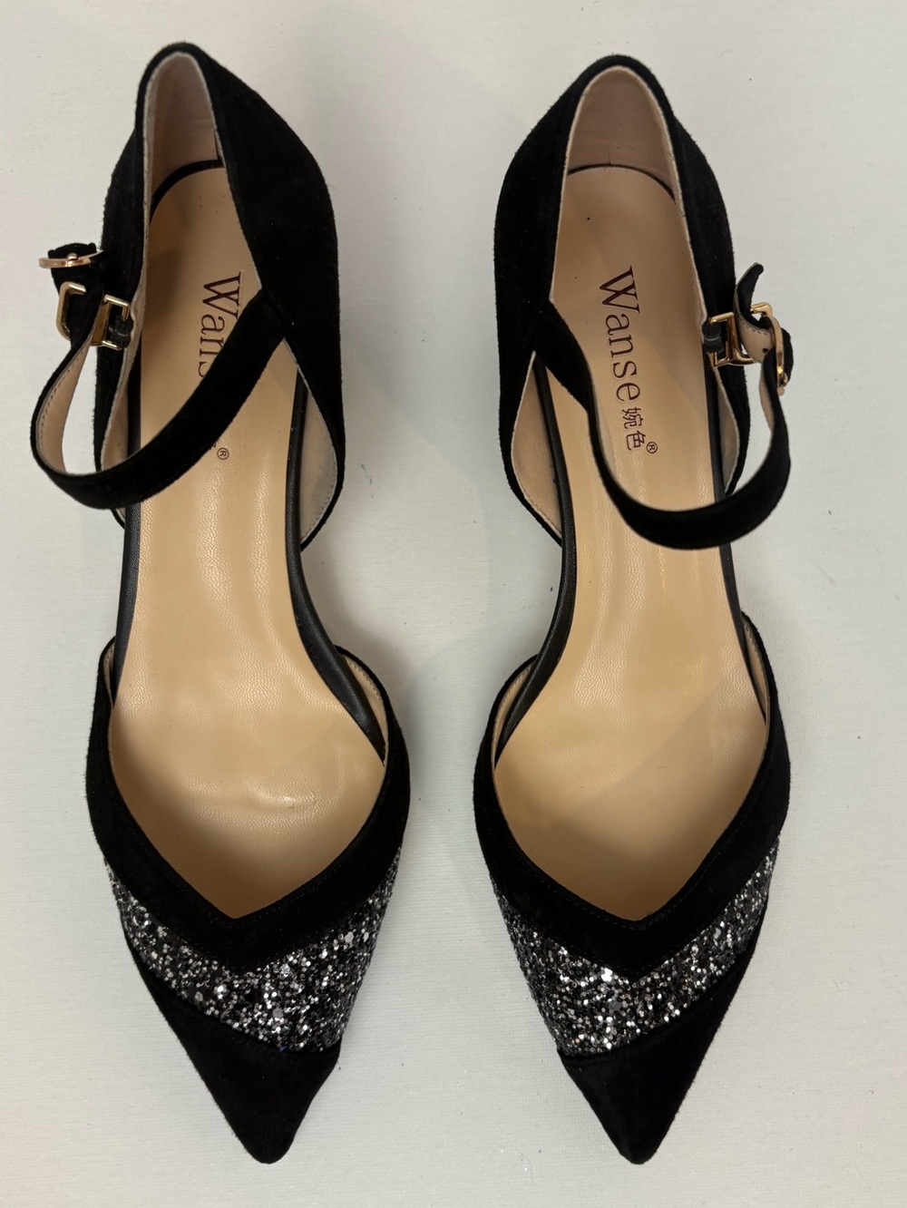 Wanse Black Glitter Pointed Toe Ankle Strap Heels Size 240 or US 7-7.5